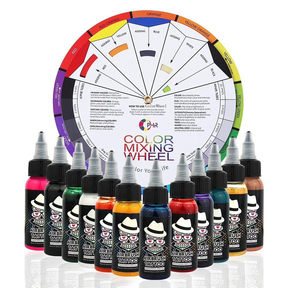 12 Color Tattoo Inks W/ Color Wheel Pigment_TA053+AC128