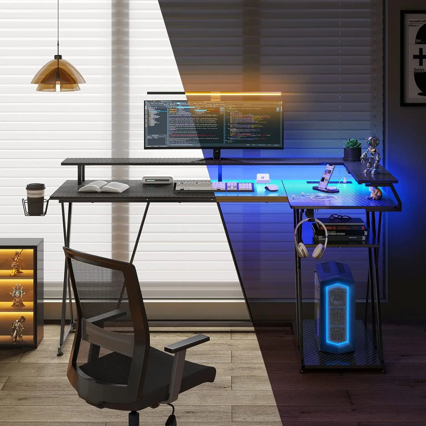 L Shaped Gaming Desk W/ LED Lights & Power Outlets, 55”