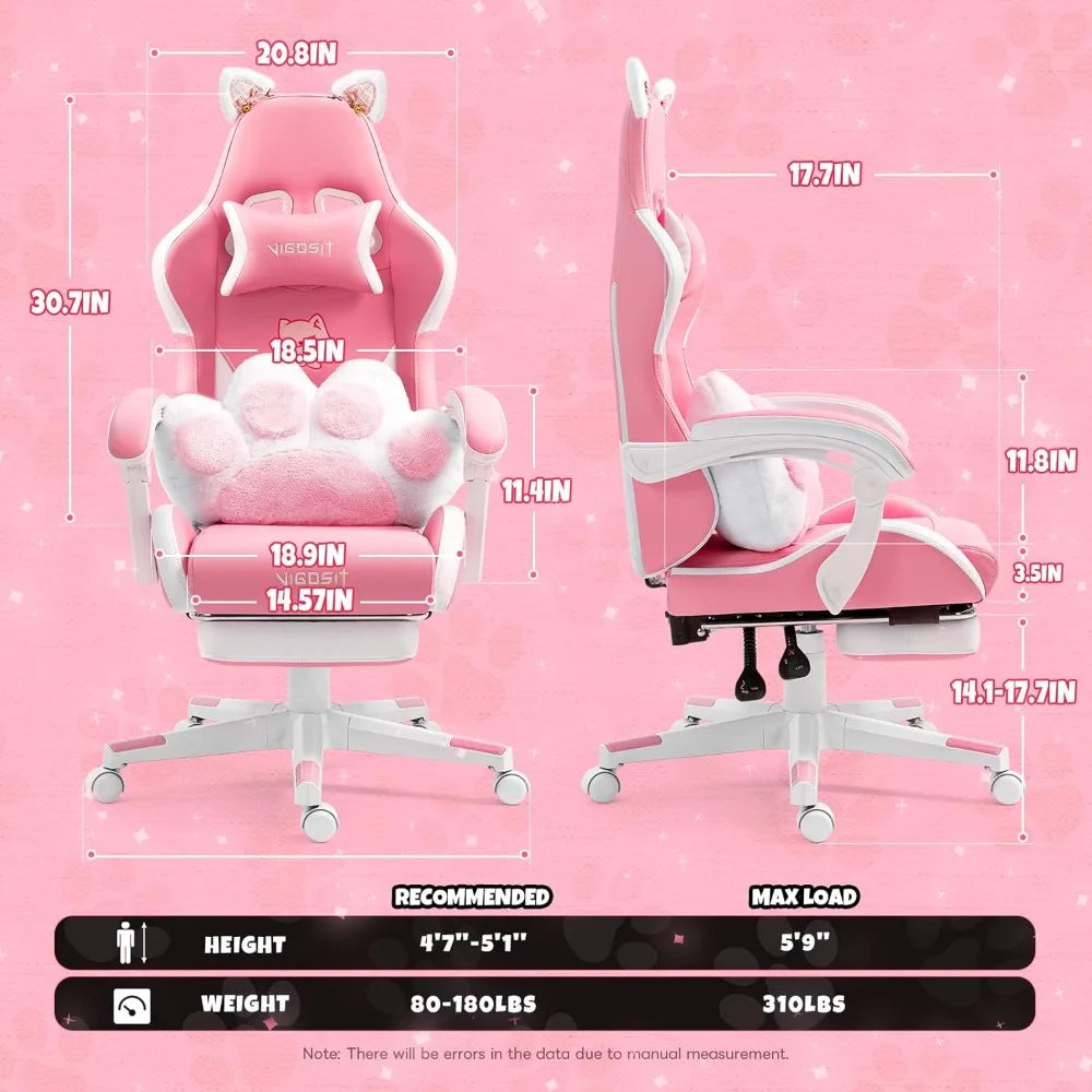 Pink Gaming Chair W/ Cat Paw Cushion & Cat Ears