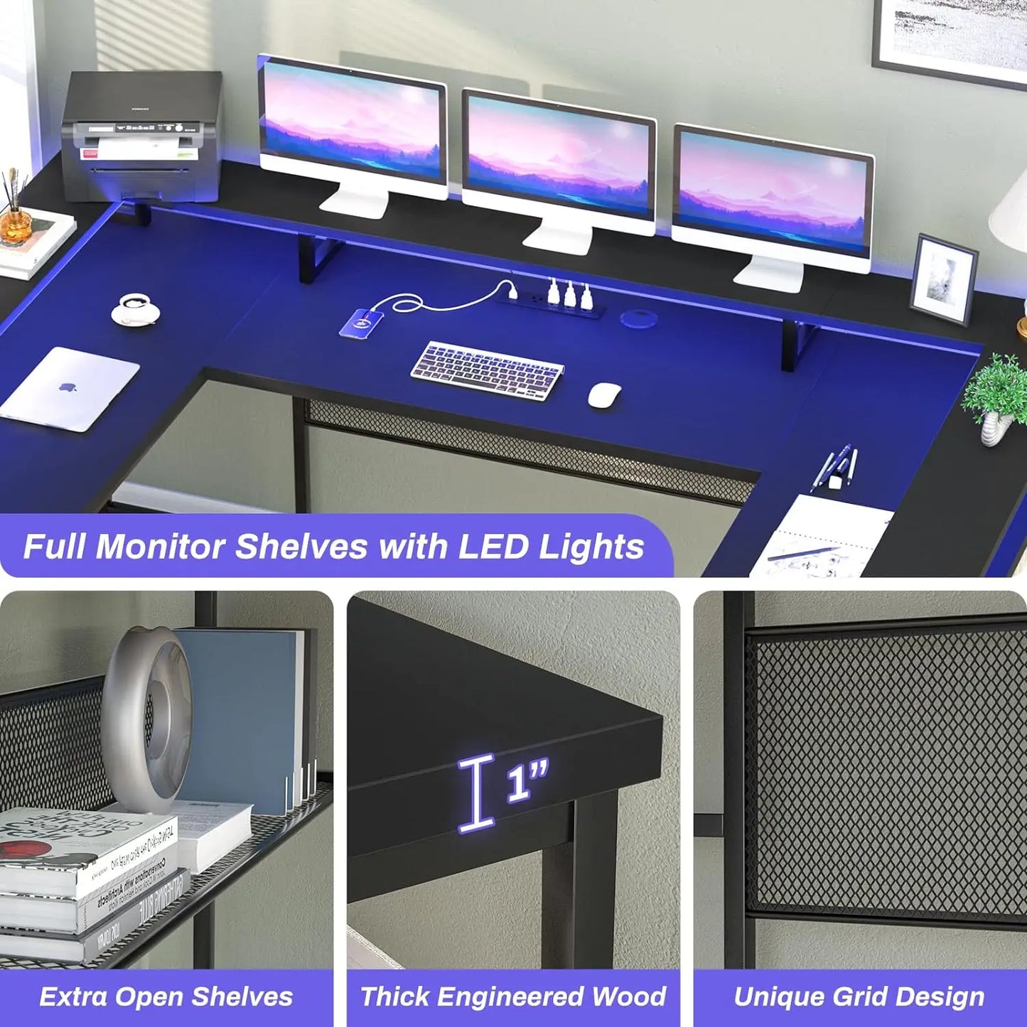 U Shaped Desks W/ LED Strip & Power Outlets