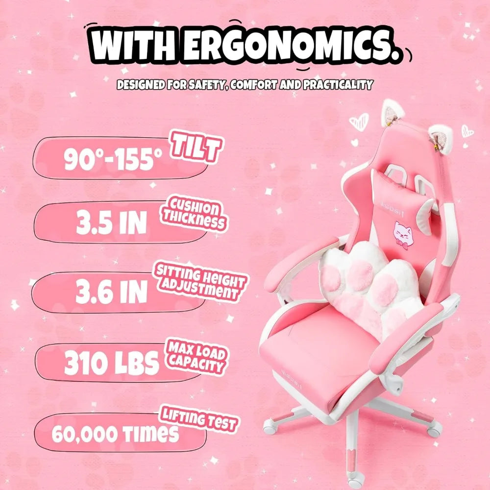 Pink Gaming Chair W/ Cat Paw Cushion & Cat Ears
