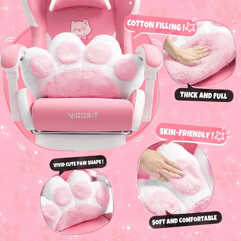 Pink Gaming Chair W/ Cat Paw Cushion & Cat Ears