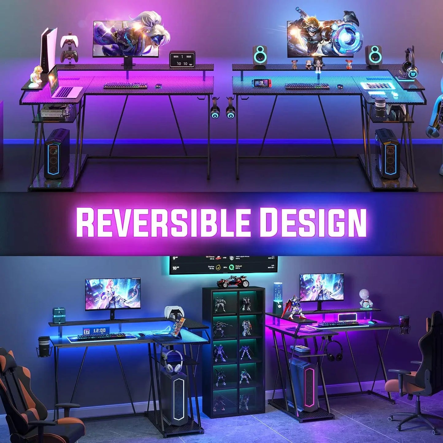 L Shaped Gaming Desk W/ LED Lights & Power Outlets, 55”