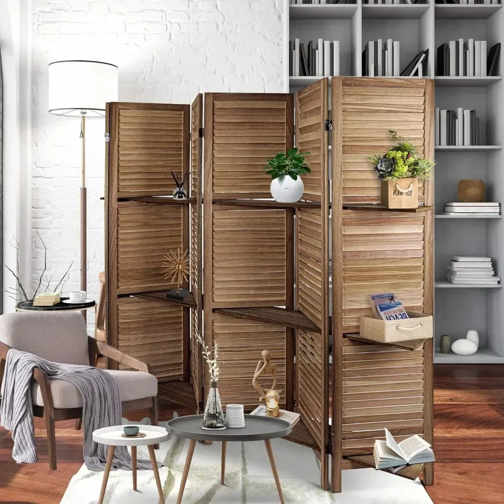 6 Panel Room Dividers/Screens With Shelves (Brown)