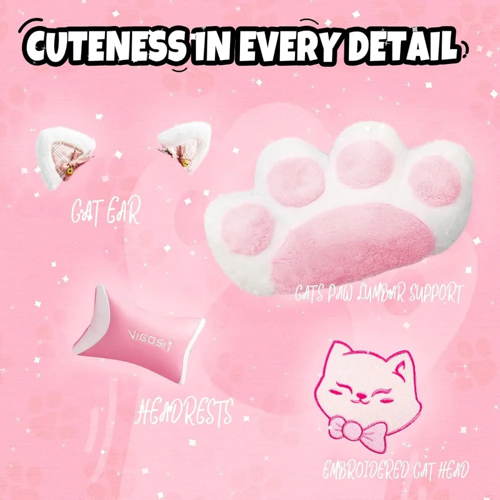 Pink Gaming Chair W/ Cat Paw Cushion & Cat Ears