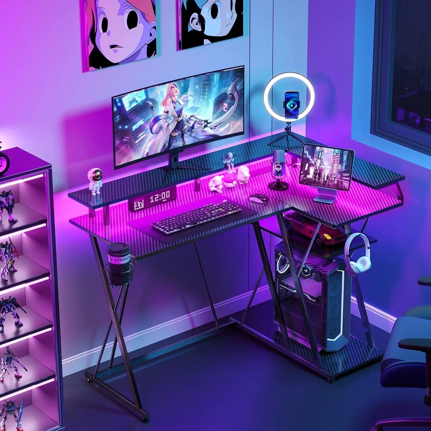 L Shaped Gaming Desk W/ LED Lights & Power Outlets, 55”