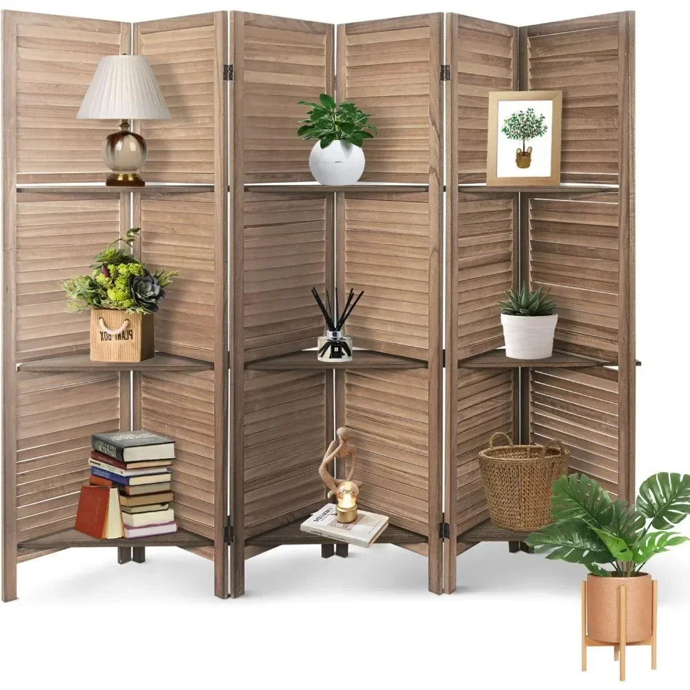 6 Panel Room Dividers/Screens With Shelves (Brown)