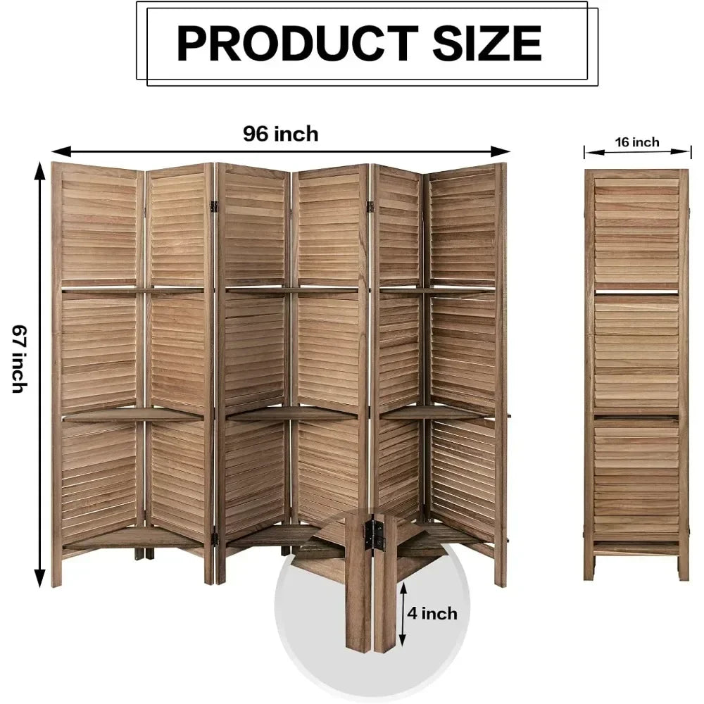 6 Panel Room Dividers/Screens With Shelves (Brown)