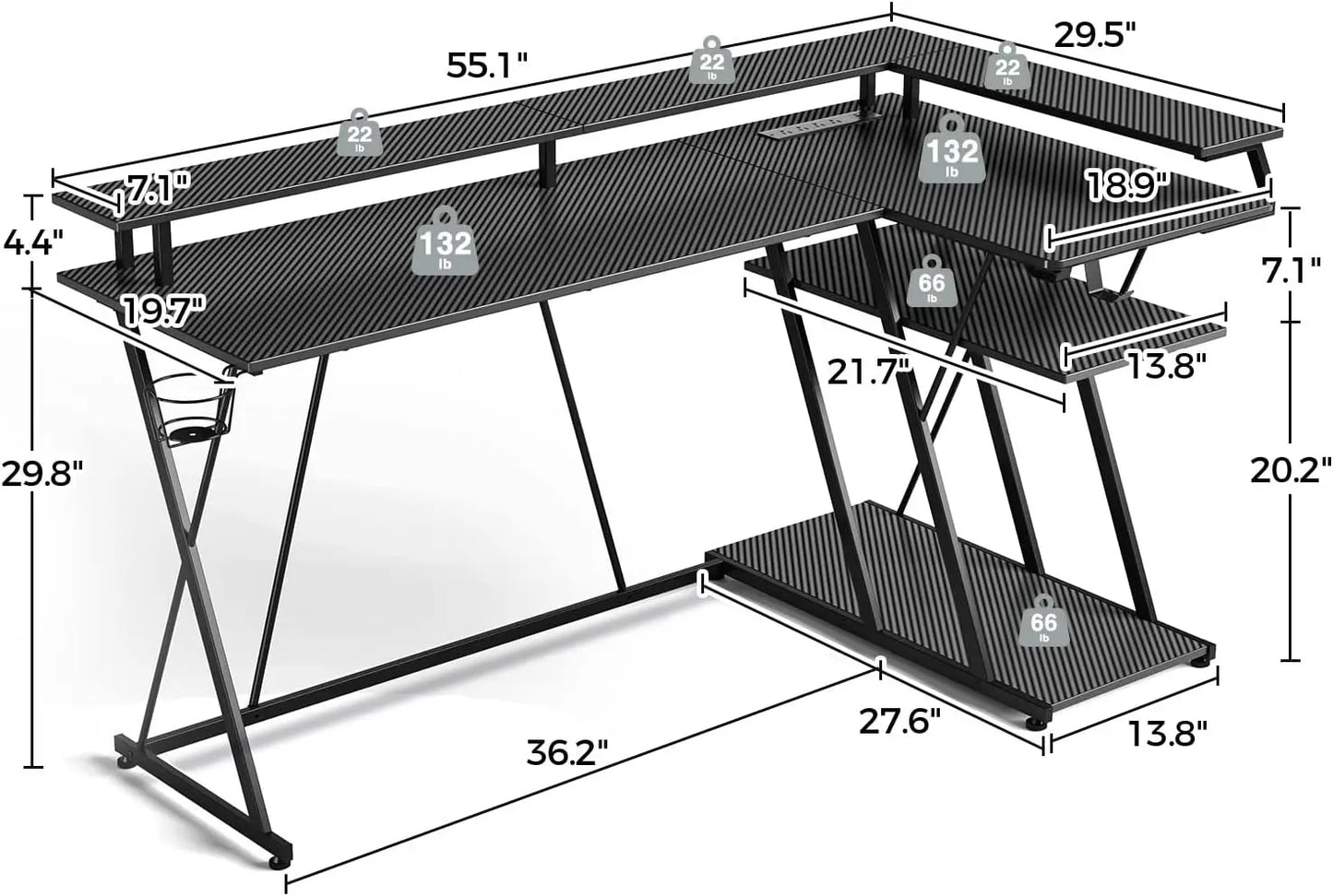 L Shaped Gaming Desk W/ LED Lights & Power Outlets, 55”