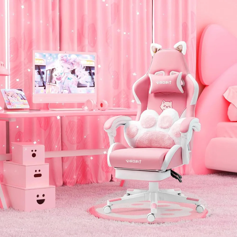 Pink Gaming Chair W/ Cat Paw Cushion & Cat Ears