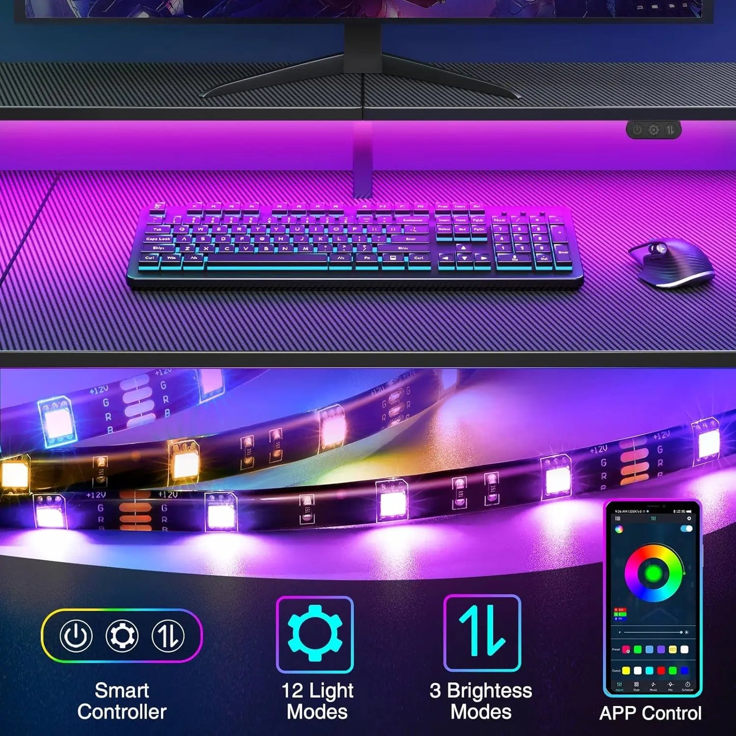 L Shaped Gaming Desk W/ LED Lights & Power Outlets, 55”