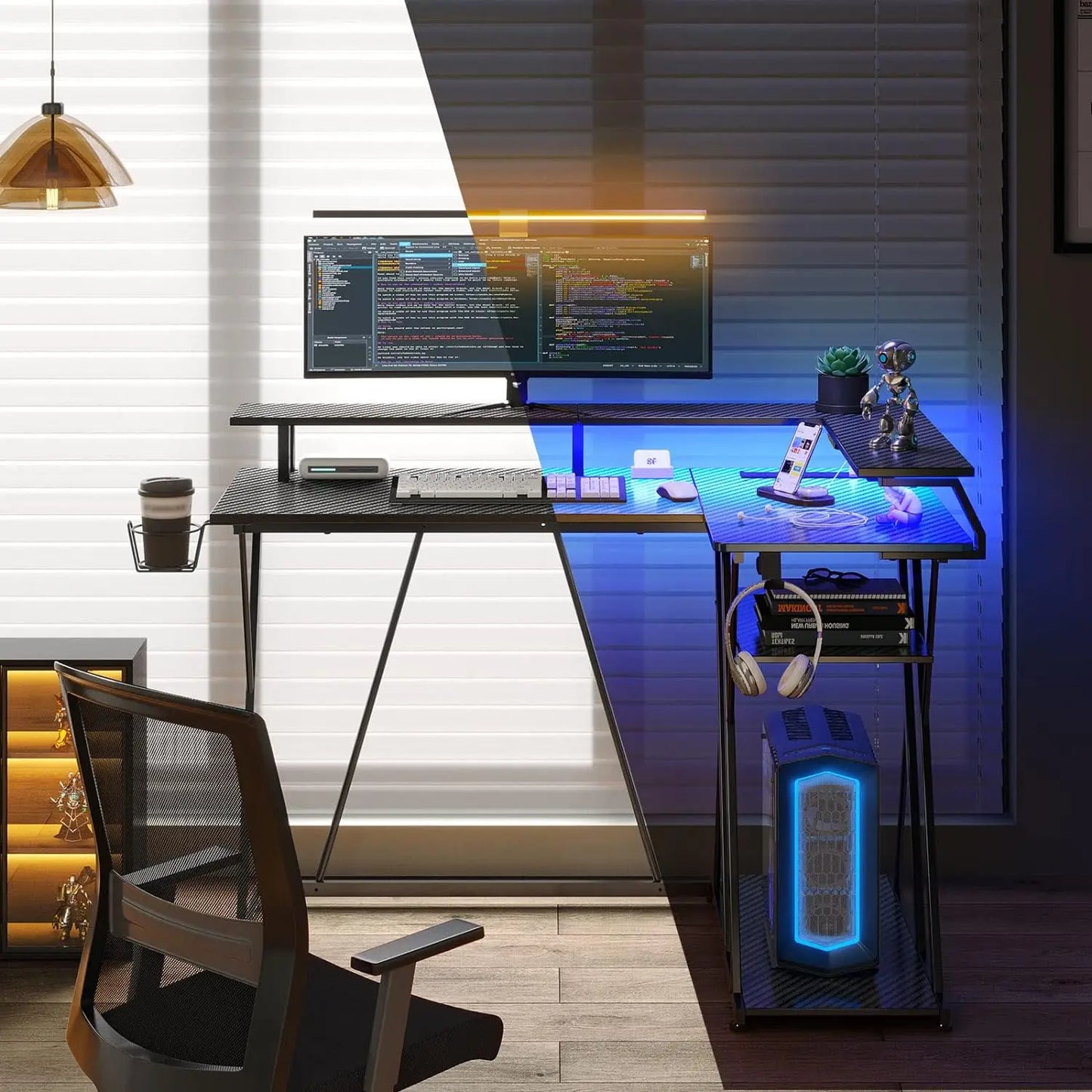 L Shaped Gaming Desk W/ LED Lights & Power Outlets, 55”