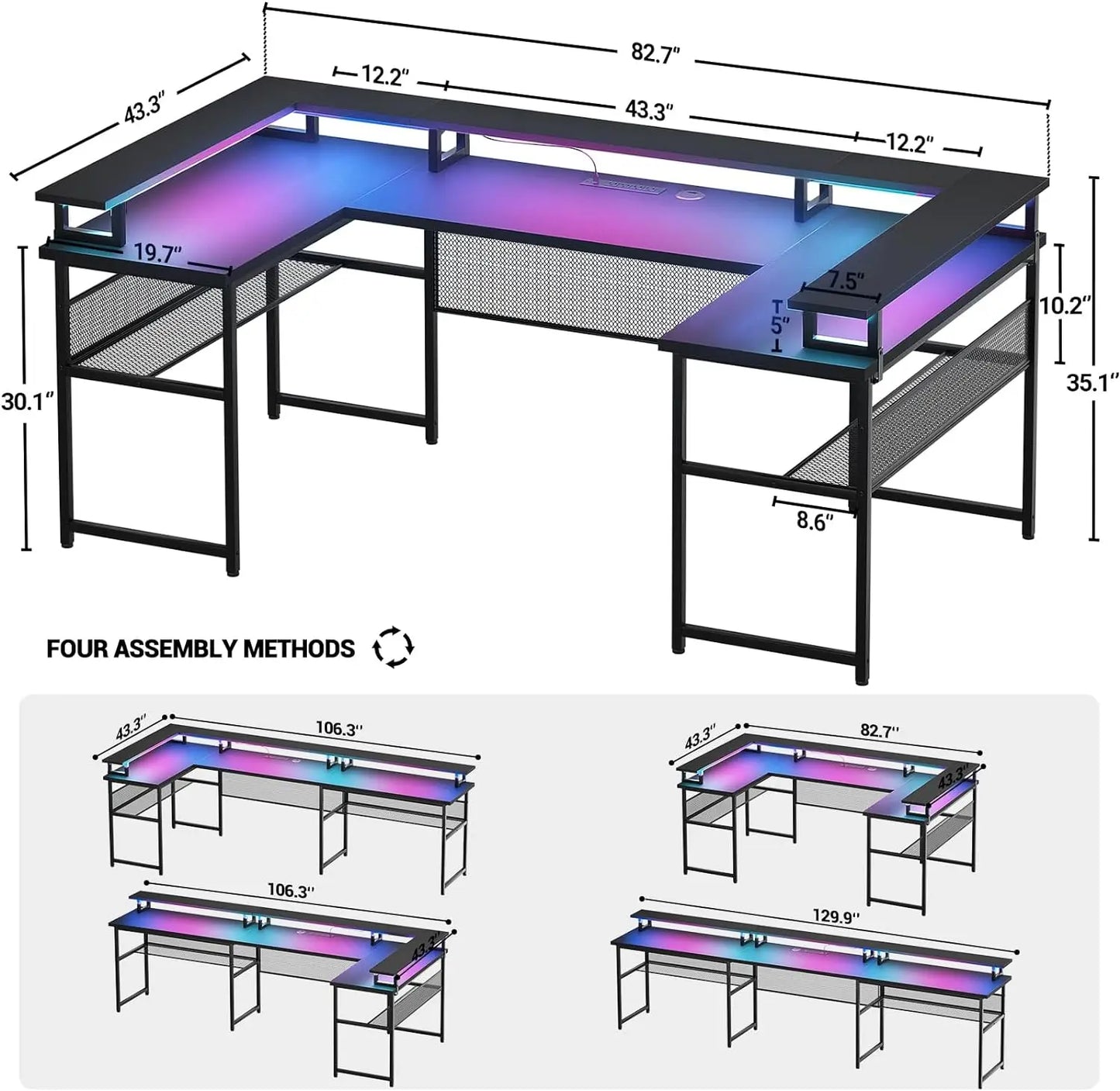 U Shaped Desks W/ LED Strip & Power Outlets