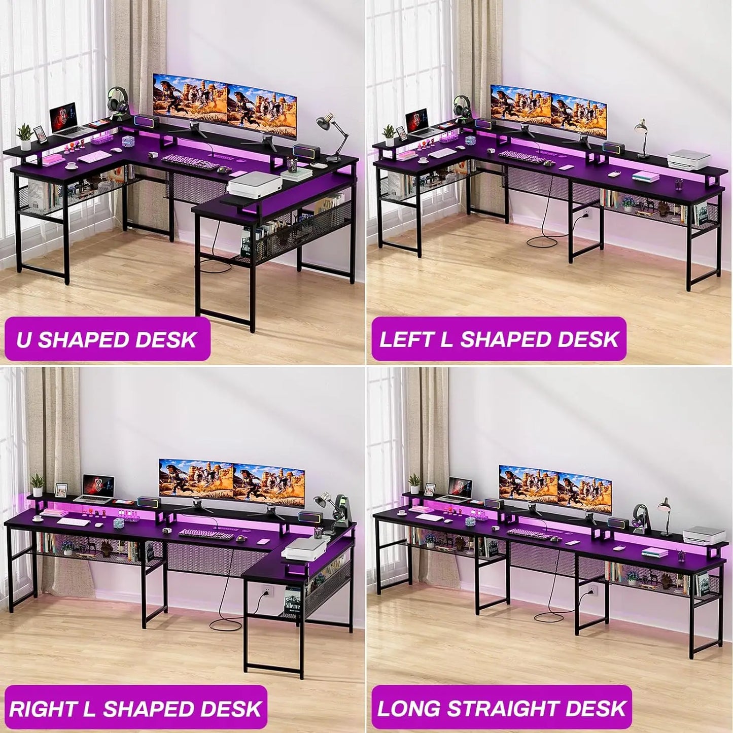 U Shaped Desks W/ LED Strip & Power Outlets
