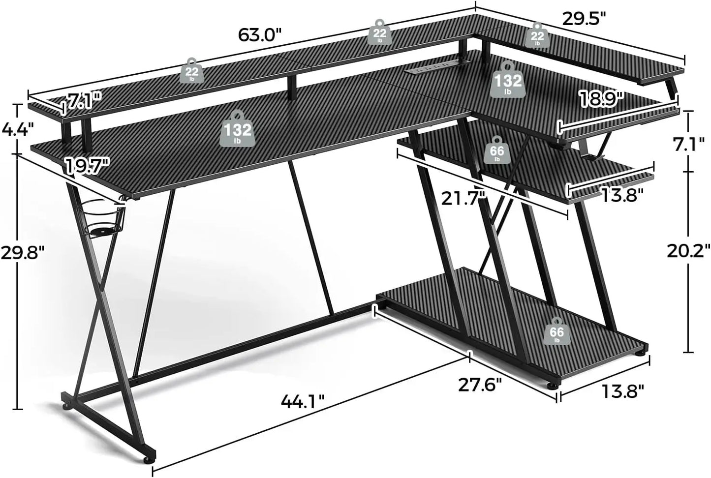 L Shaped Gaming Desk W/ LED Lights & Power Outlets, 55”