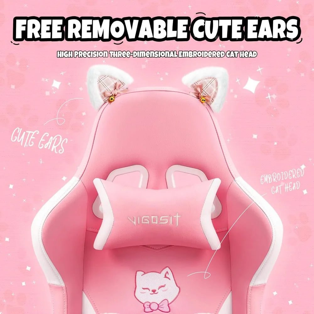 Pink Gaming Chair W/ Cat Paw Cushion & Cat Ears