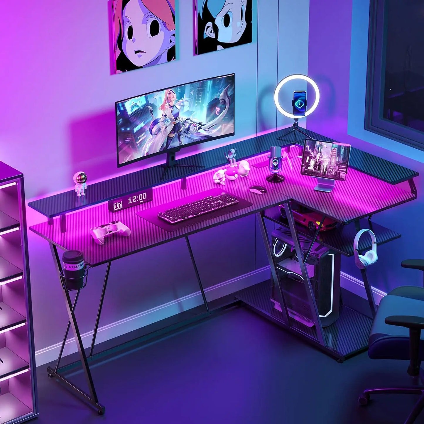 L Shaped Gaming Desk W/ LED Lights & Power Outlets, 55”