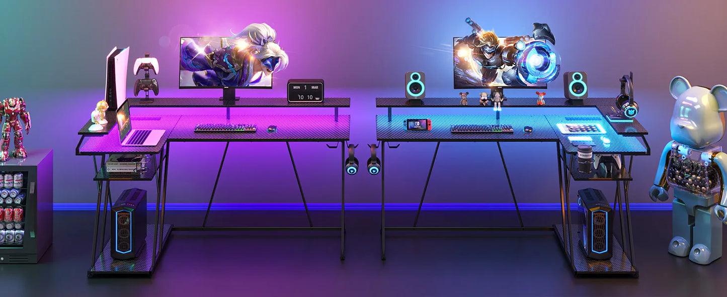 L Shaped Gaming Desk W/ LED Lights & Power Outlets, 55”