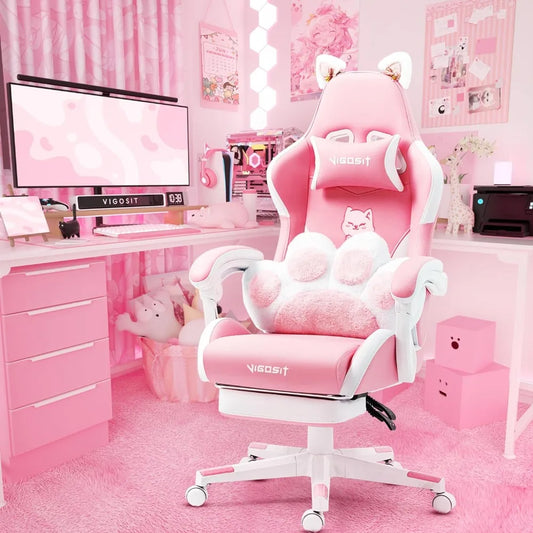 Pink Gaming Chair W/ Cat Paw Cushion & Cat Ears