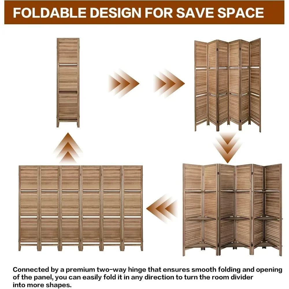 6 Panel Room Dividers/Screens With Shelves (Brown)