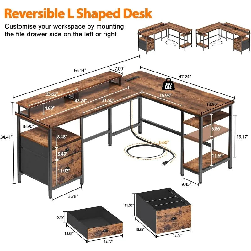 66” L Shaped Desk W/ Power Outlet, W/ File Drawer