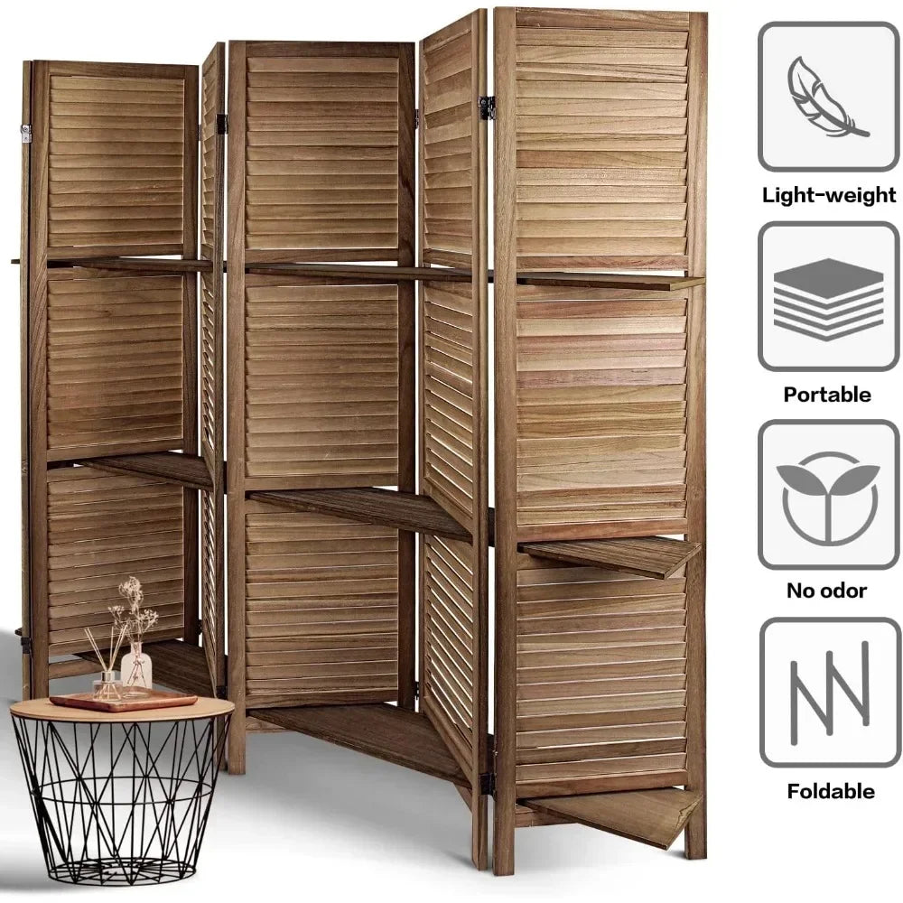 6 Panel Room Dividers/Screens With Shelves (Brown)