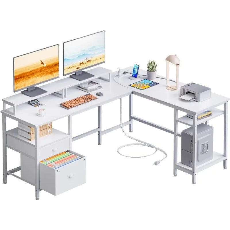 66” L Shaped Desk W/ Power Outlet, W/ File Drawer