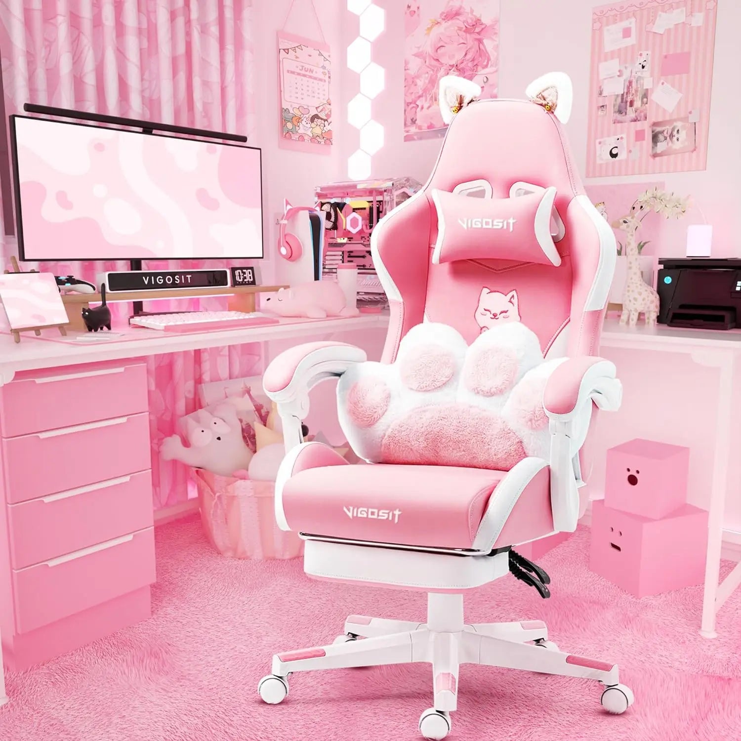Pink Gaming Chair W/ Cat Paw Cushion Cat Ears – wellnessoptimalways